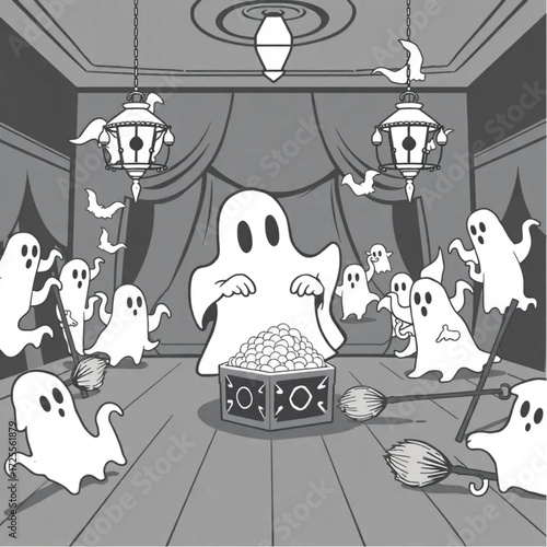 A ghost guarding a hidden treasure in a phantom-filled ballroom surrounded by enchanted broomstick.