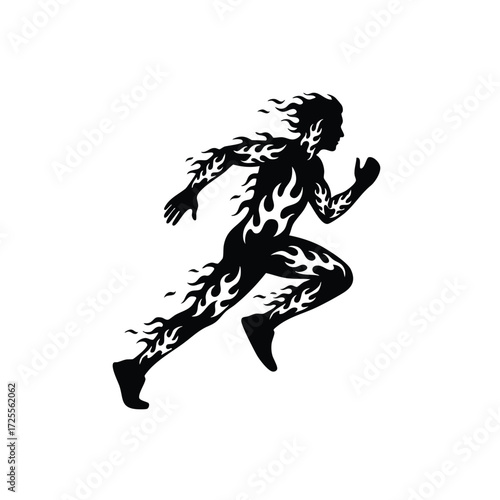 Dynamic silhouette of a runner with flame motifs, symbolizing speed and energy in motion during a race.