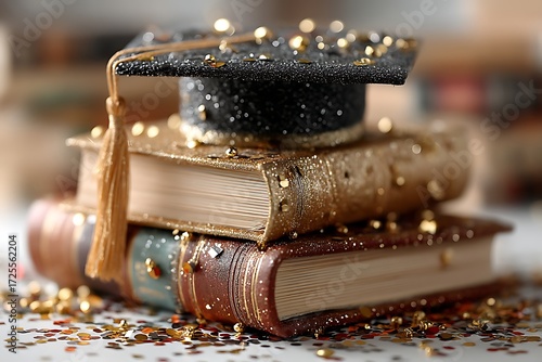 Education victory with books hat confetti high resolution picture