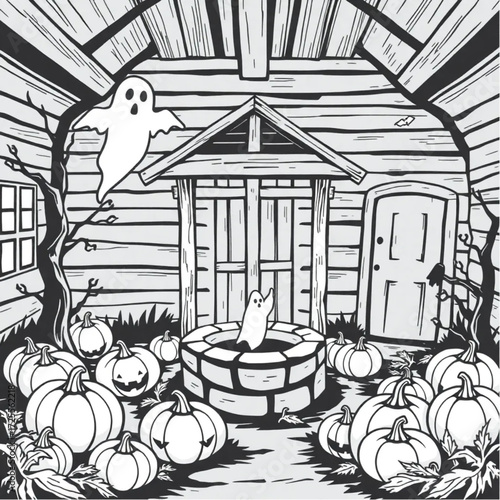 A ghost floating near the old well in a abandoned schoolhouse surrounded by cursed pumpkins.