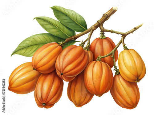 Artistic Rendering of Kokum Fruits Hanging from a Branch with Green Leaves