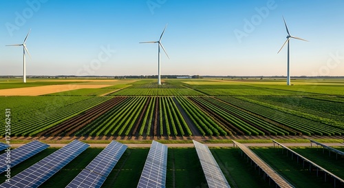 Aerial view showcasing sustainable agriculture with wind turbines and solar panels on a farm.