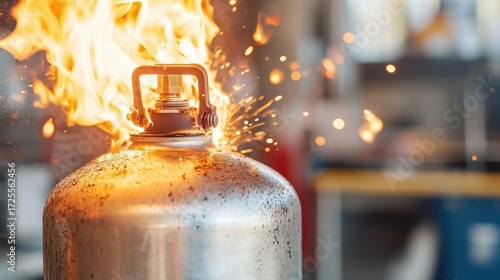 A gas cylinder is on fire, with flames and sparks erupting from the valve in an indoor setting.