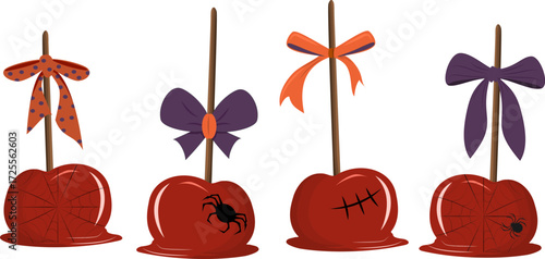 Graphic set of four unique Halloween candy apples, each with a different spooky design like spiders or stitches. Perfect for autumn treat illustrations.