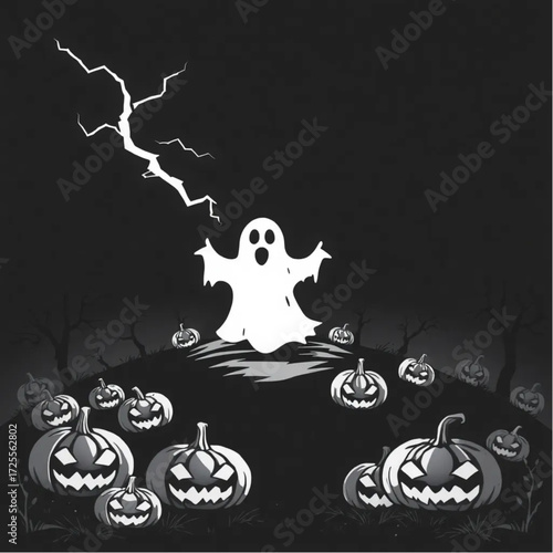 A ghost appearing in a sudden flash of lightning in a shadowy cemetery hill surrounded by cursed pumpkins.