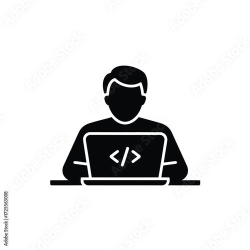 Software developer working on laptop computer programming coding and web development silhouette