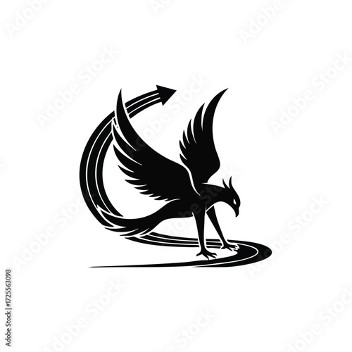 A stylized representation of a mythical bird in flight, symbolizing rebirth and transformation with dynamic lines.