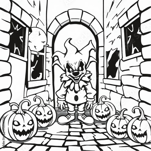 A evil clown staring through cracked windows in a cobblestone alley surrounded by cursed pumpkins.