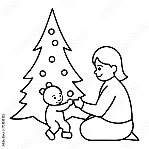 Christmas Coloring Book Vector | Parent and Child Christmas Morning Cuddles
