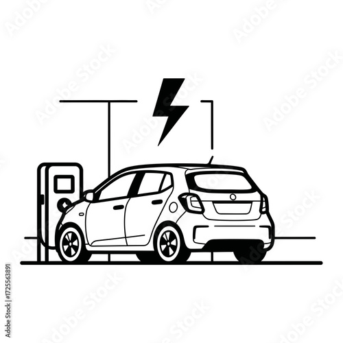 Electric car charging at charging station silhouette vector illustration
