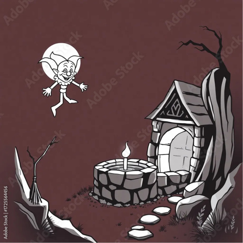 A evil clown floating near the old well in a blood-red moonlit cliff surrounded by enchanted broomstick.