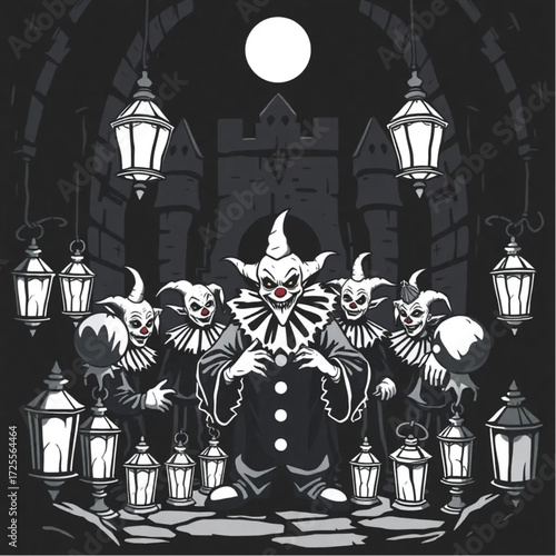 A evil clown gathering for a midnight ritual in a dark castle surrounded by rusty lanterns.