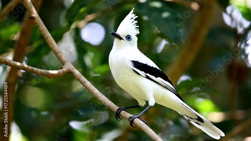 Beautiful tropical bird with white feathers perched on a tree branch in jungle setting