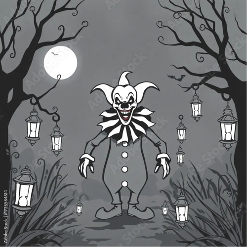 A evil clown emerging from the fog in a dark enchanted garden surrounded by rusty lanterns.