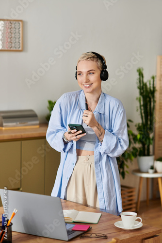 Wallpaper Mural Young woman enjoying music while relaxing at home in a cozy and vibrant space Torontodigital.ca