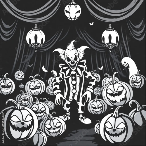 A evil clown creeping through the darkness in a phantom-filled ballroom surrounded by cursed pumpkins.