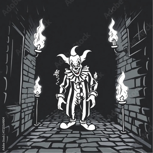 A evil clown creeping through the darkness in a cobblestone alley surrounded by flickering torches.