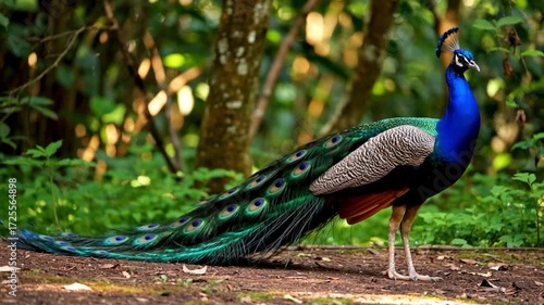 Colorful exotic peafowl displaying bright plumage in natural outdoor environment