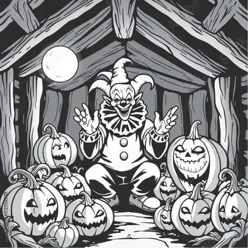A evil clown chanting ancient spells in a old witch's cabin surrounded by cursed pumpkins.