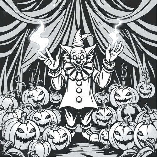 A evil clown chanting ancient spells in a abandoned carnival surrounded by cursed pumpkins.