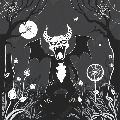 A demon screaming silently in a dark enchanted garden surrounded by spider webs.