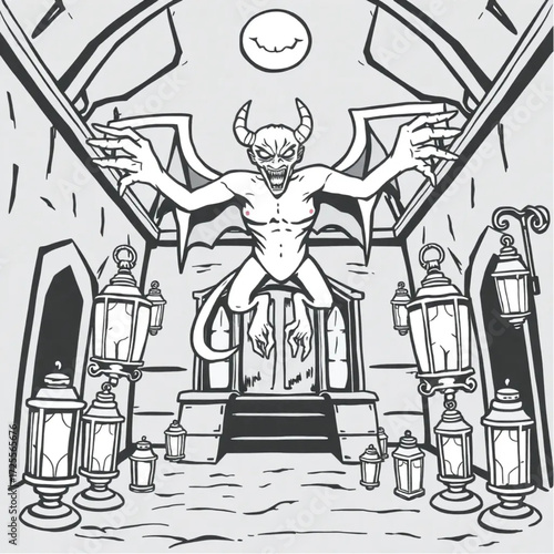 A demon hovering above the ground in a haunted mansion surrounded by rusty lanterns.