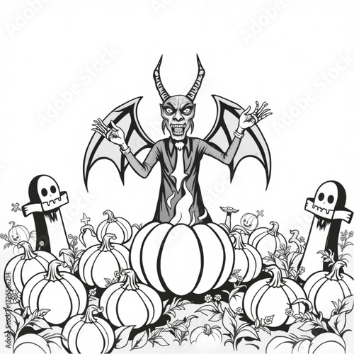 A demon chanting ancient spells in a pumpkin patch surrounded by fog-shrouded statues.
