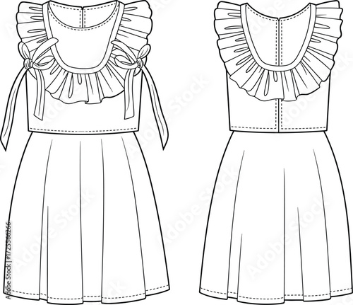 Vector fashion illustration of Peter Pan collar puff sleeve dress with ruffle cuffs, button front bodice, flared skirt, front and back technical view