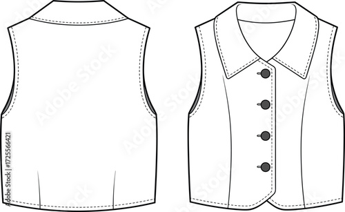 Vector fashion illustration of sleeveless button front vest with pointed collar, fitted darts, tailored waist shaping, front and back technical flat view