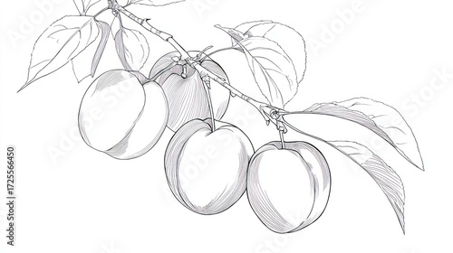 Line drawing of plums on a branch with leaves