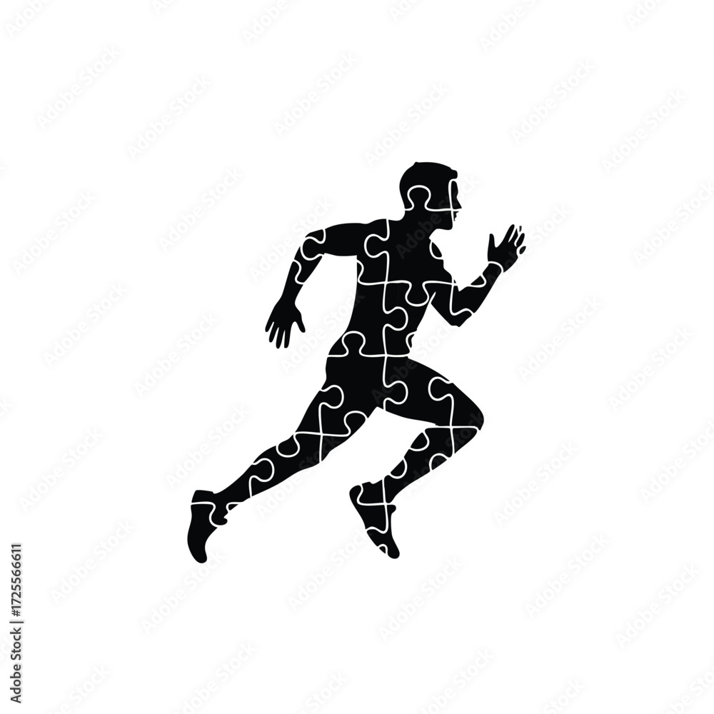 Fototapeta premium A dynamic silhouette of a runner composed of interlocking puzzle pieces symbolizing fitness and determination.