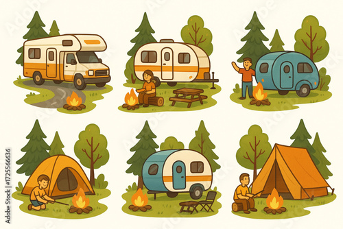 Cartoon Camping Scene Illustration with Motorhomes, Tents, and Outdoor Travel Elements