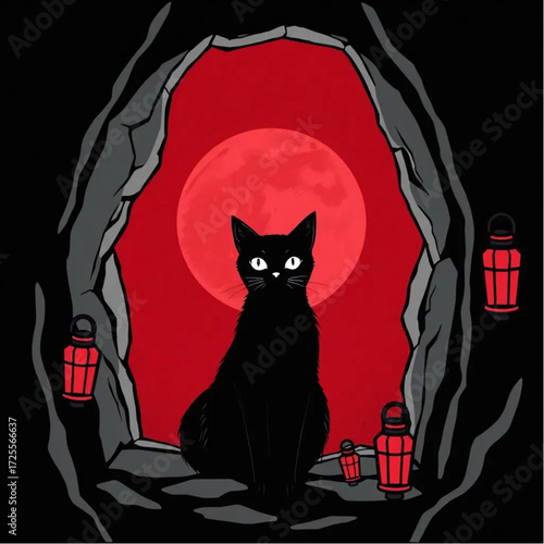 A black cat staring through cracked windows in a blood-red moonlit cliff surrounded by rusty lanterns.