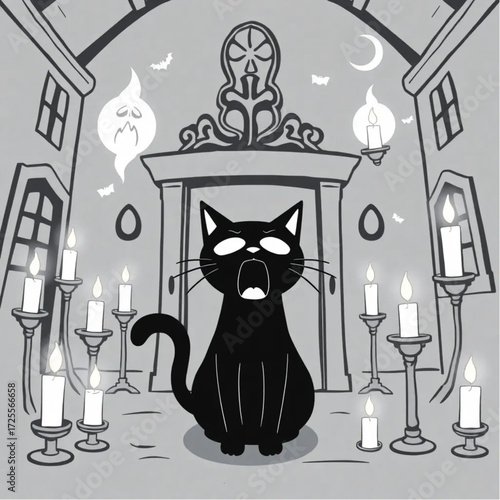 A black cat screaming silently in a haunted mansion surrounded by floating candles.
