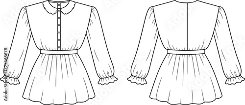 Vector fashion illustration of Peter Pan collar puff sleeve dress with ruffle cuffs, button front bodice, flared skirt, front and back view