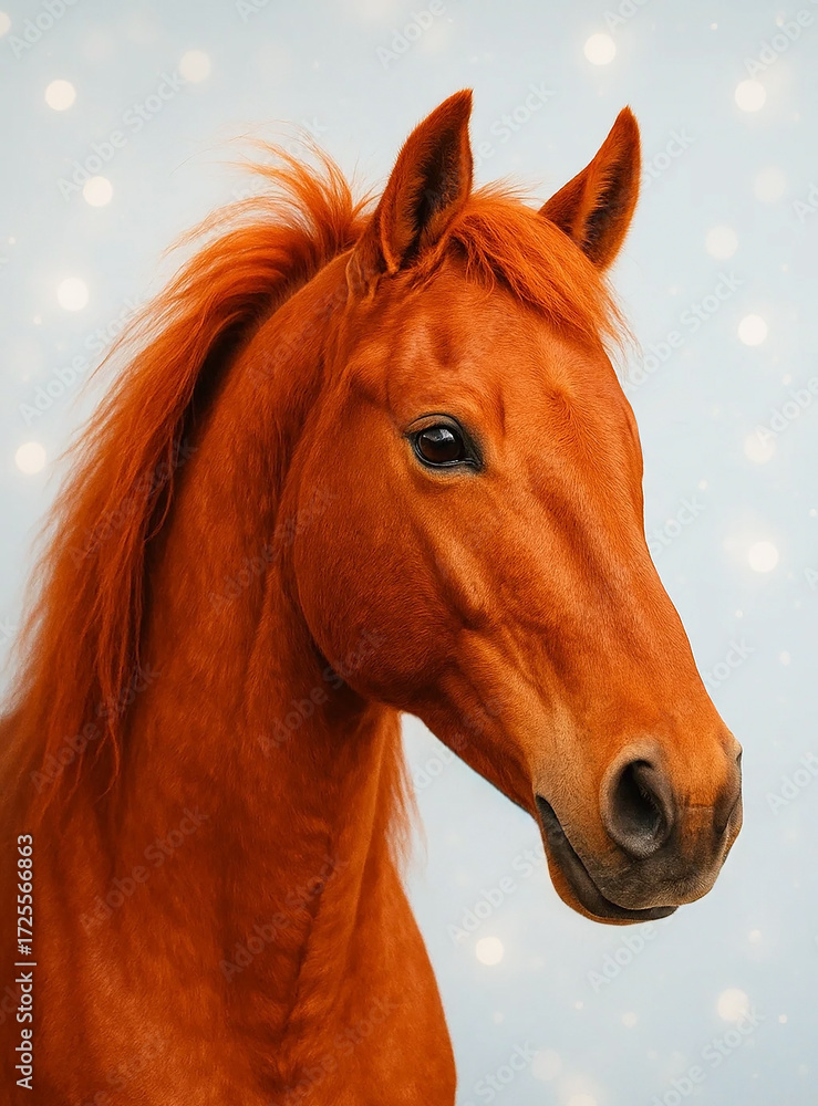 Fototapeta premium Portrait of a beautiful red horse with a mane, greeting card with the symbol of 2026 