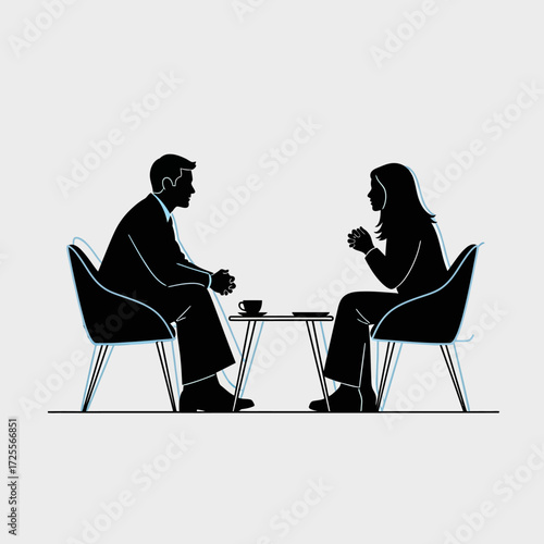 Modern business meeting illustration, man and woman collaborating over coffee, discussing strategy and solutions for vibrant teamwork and corporate success