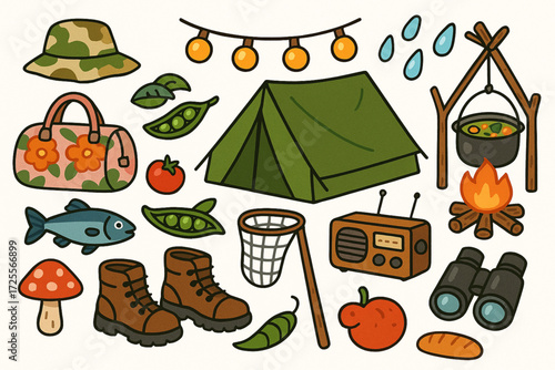 Cartoon Camping Gear Illustration with Outdoor Items and Playful Nature Styling