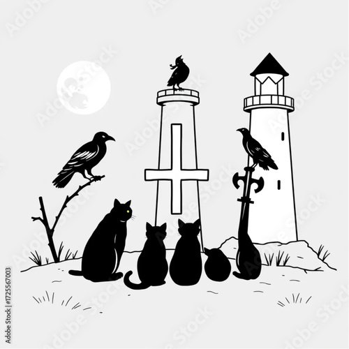 A black cat gathering for a midnight ritual in a haunted lighthouse surrounded by raven perched on a cross.