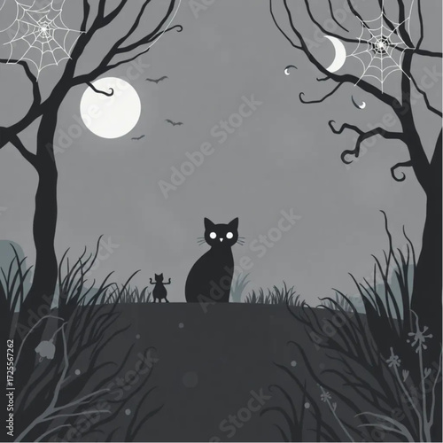 A black cat emerging from the fog in a dark enchanted garden surrounded by spider webs.