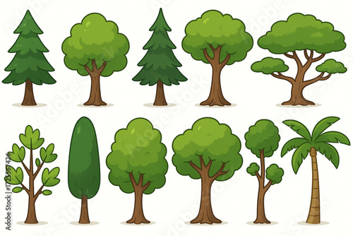 Cartoon Tree Illustration Featuring Diverse Species with Unique Shapes and Vibrant Foliage
