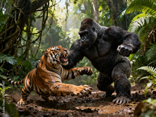 tiger fights gorilla