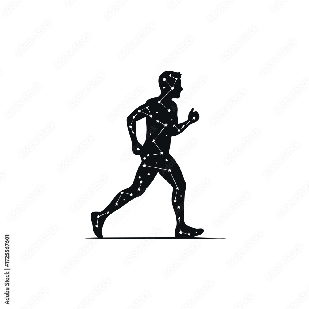 Obraz premium A silhouette of a runner depicted with star constellations, symbolizing motion and cosmic energy in sports.