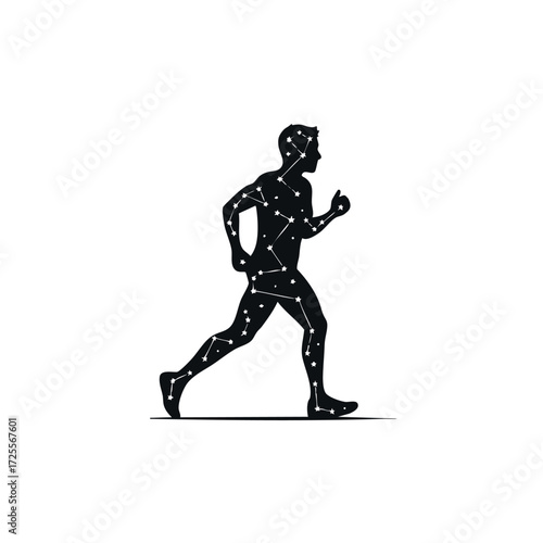 A silhouette of a runner depicted with star constellations, symbolizing motion and cosmic energy in sports.