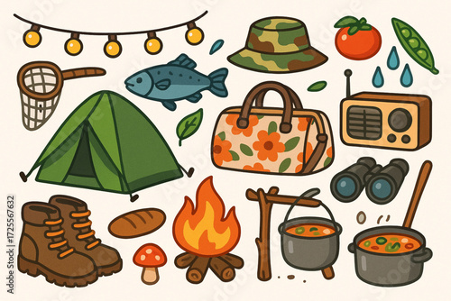 Cartoon Camping Gear Illustration with Outdoor Items and Playful Nature Styling