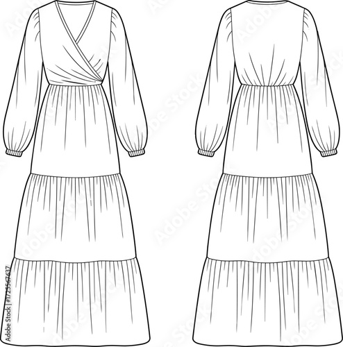 Vector fashion illustration of long sleeve tiered maxi dress with wrap bodice, bishop sleeves, v neckline, gathered waist, front and back view