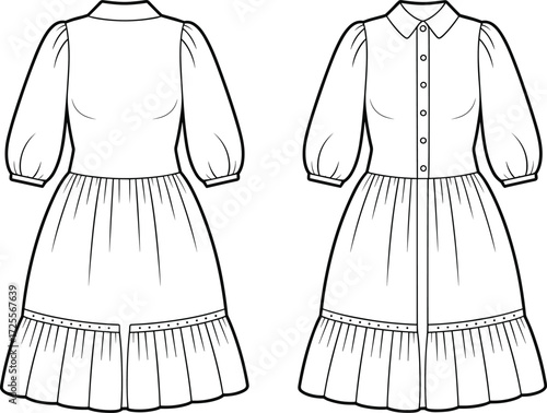 Vector fashion illustration of collared puff sleeve dress with button front, fitted waist, tiered gathered skirt, three quarter sleeves, front and back view