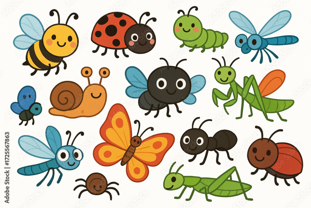 Obraz premium Cartoon Insect and Creature Illustration with Expressive Faces and Vibrant Nature Styling