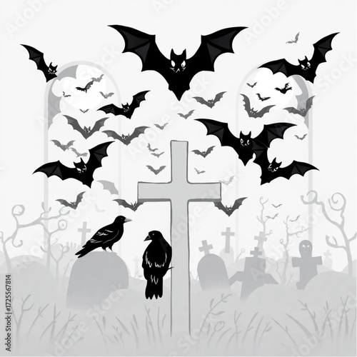 A bat swarm staring through cracked windows in a foggy graveyard surrounded by raven perched on a cross.