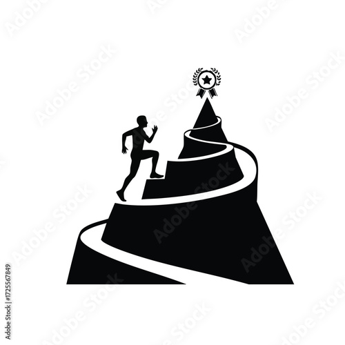 A determined runner ascends a winding path towards a mountain peak adorned with a victory symbol of achievement.
